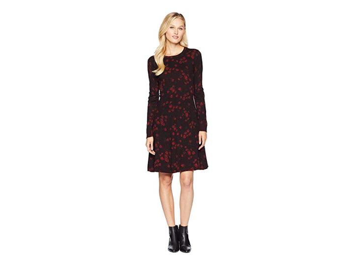 Michael Michael Kors Eden Rose Long Sleeve Flare Dress (black/red Currant) Women's Dress