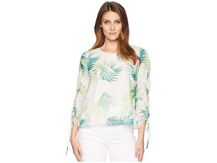 Vince Camuto Drawstring Sleeve Sunlit Palm Print Blouse (verdant Green) Women's Blouse