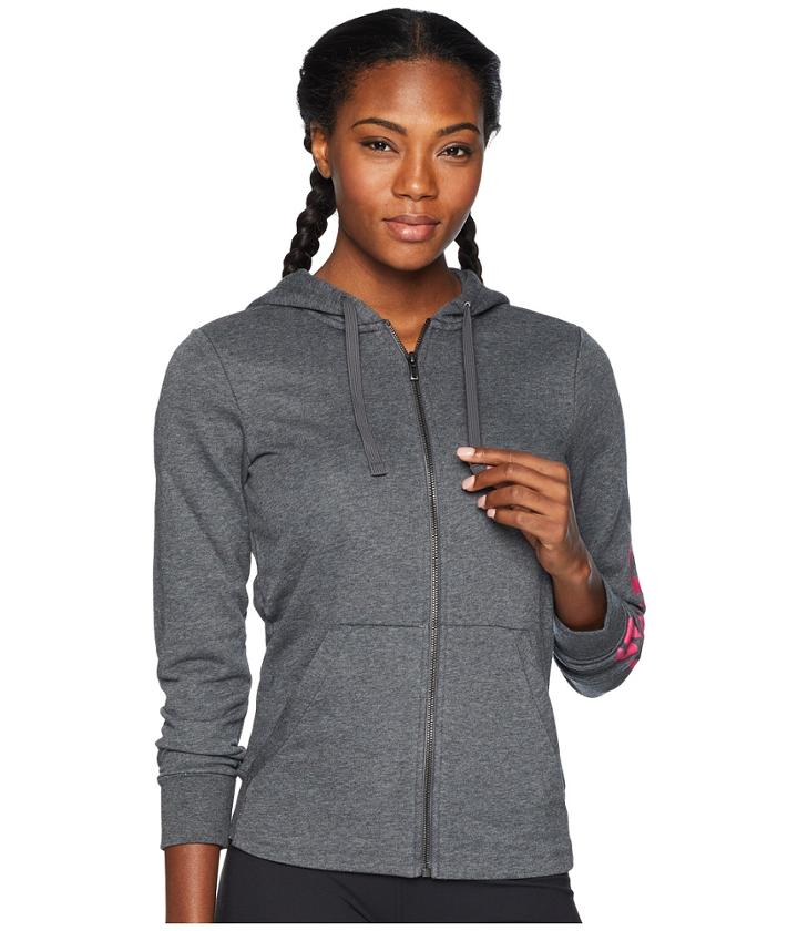 Adidas Essentials Linear Full Zip Hoodie (dark Grey Heather/real Magenta) Women's Sweatshirt