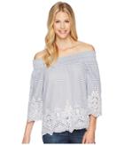 Tribal Yarn-dye Stripe Off Shoulder Top With Embroidered Detail (blue Haze) Women's Long Sleeve Pullover