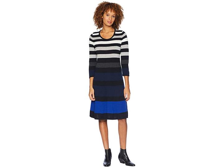 Nine West 3/4 Sleeve Fit Flare Multicolor Striped Dress (black/royal Blue Multi) Women's Dress