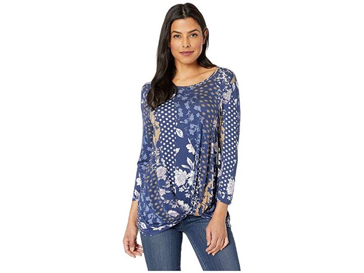 Bobeau Long Sleeve Tie Knot Print (navy/pink) Women's Blouse
