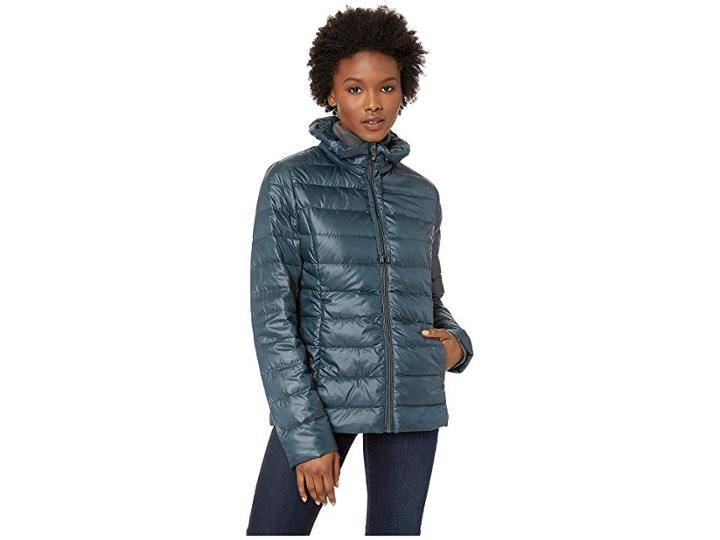 Via Spiga Packable Soft Puffer With Ruffle Detailed Stand Collar (teal) Women's Coat