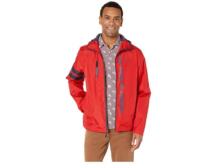 U.s. Polo Assn. Hooded Windbreaker W/ Striped Sleeves (engine Red) Men's Clothing