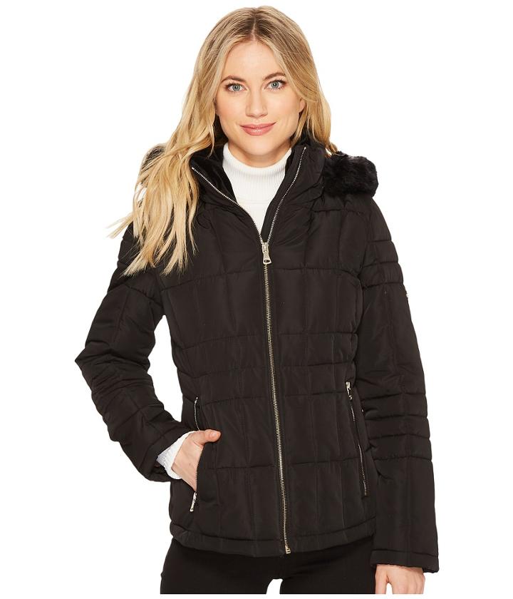 Calvin Klein Puffer Short With Detachable Fur Trimmed Hood (black) Women's Coat