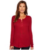 Tribal Long Sleeve Rid Knit Top W/ Lace-up Detail At Neck (red) Women's Blouse