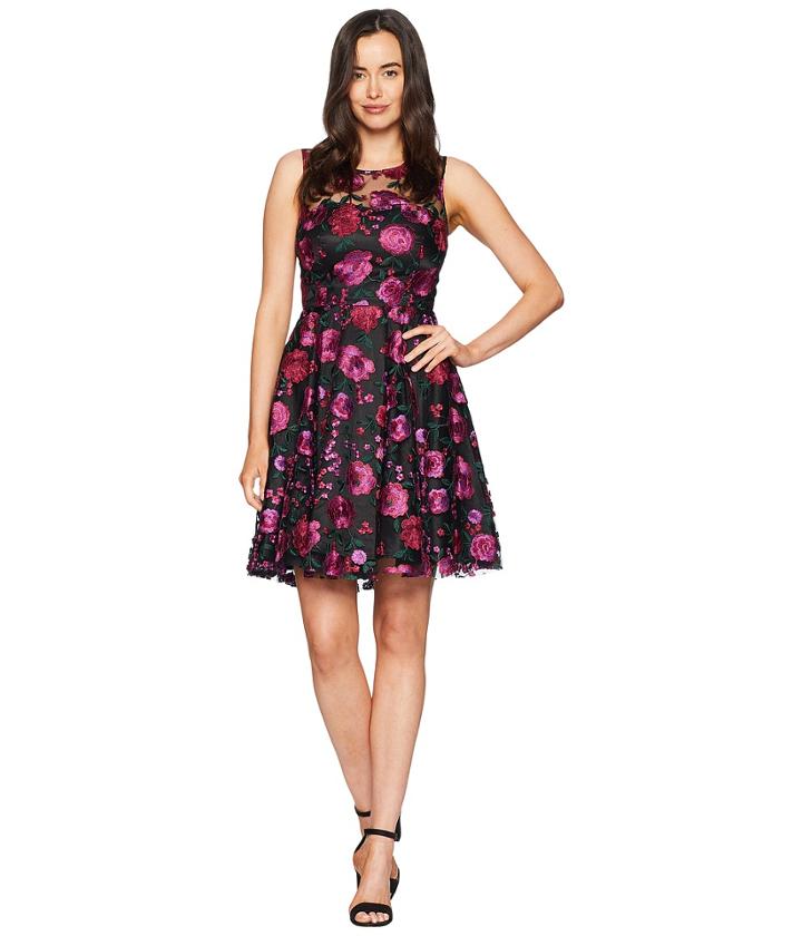 Tahari By Asl Illusion Bodice Party Dress (black/magenta/green) Women's Dress