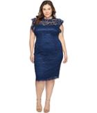 Adrianna Papell Plus Size Mock Neck, Ruffled Sleeve Lace Sheath Dress (night Navy) Women's Dress