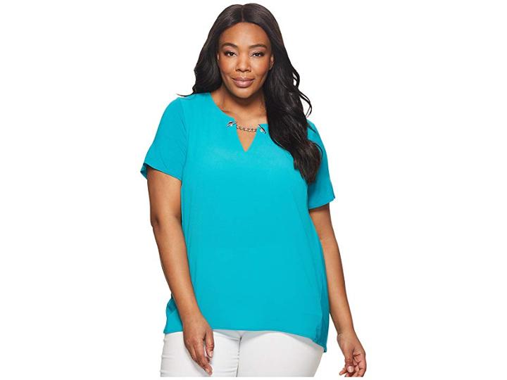 Michael Michael Kors Plus Size Woven Mix Short Sleeve Chain Top (tile Blue) Women's Clothing