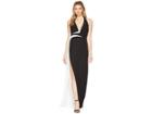 Halston Heritage Sleeveless V-neck Gown W/ Contrast Sash (black/chalk) Women's Dress