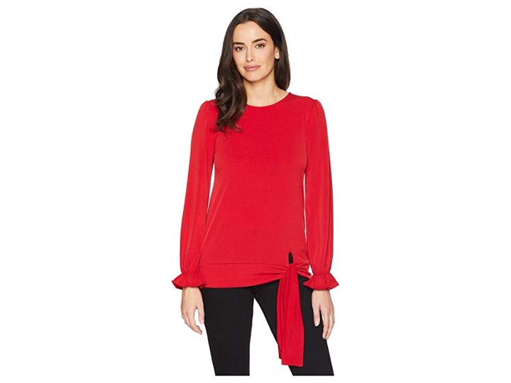 Michael Michael Kors Long Sleeve Tie Blouse Top (red Currant) Women's Clothing