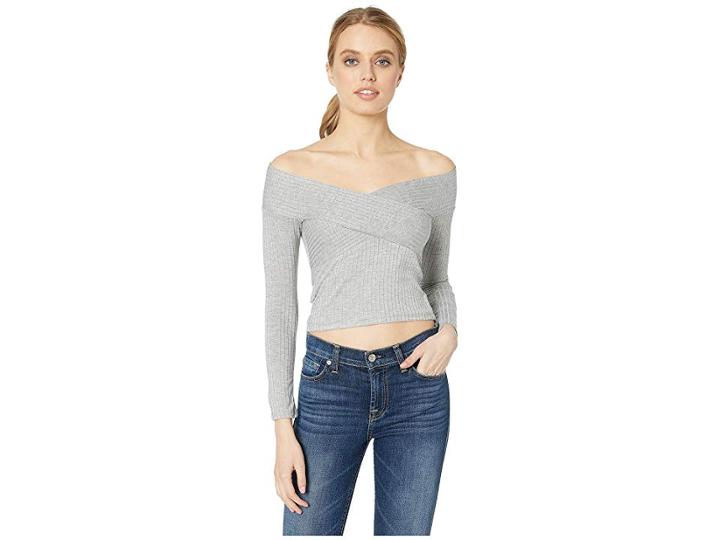 Bcbgeneration Cropped Off Shoulder Long Sleeve Knit Top (heather Grey) Women's Clothing