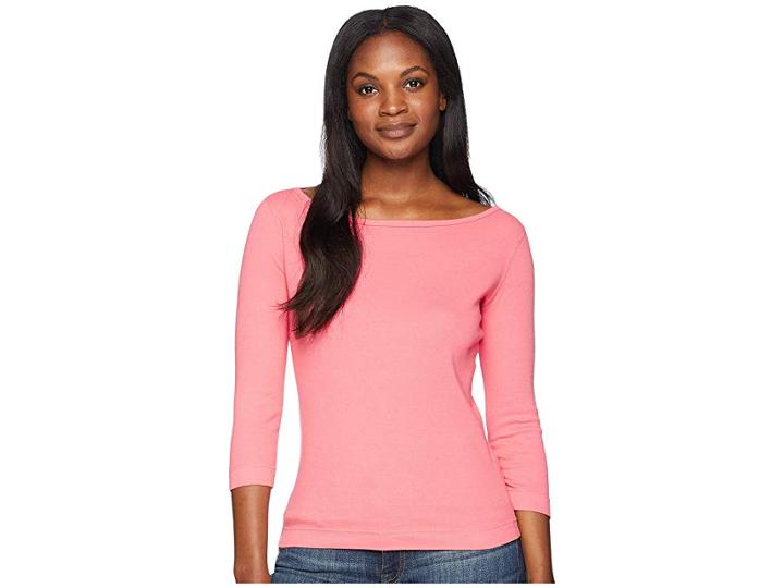 Three Dots Essential British Neck 3/4 Sleeve Top (desert Rose) Women's Clothing