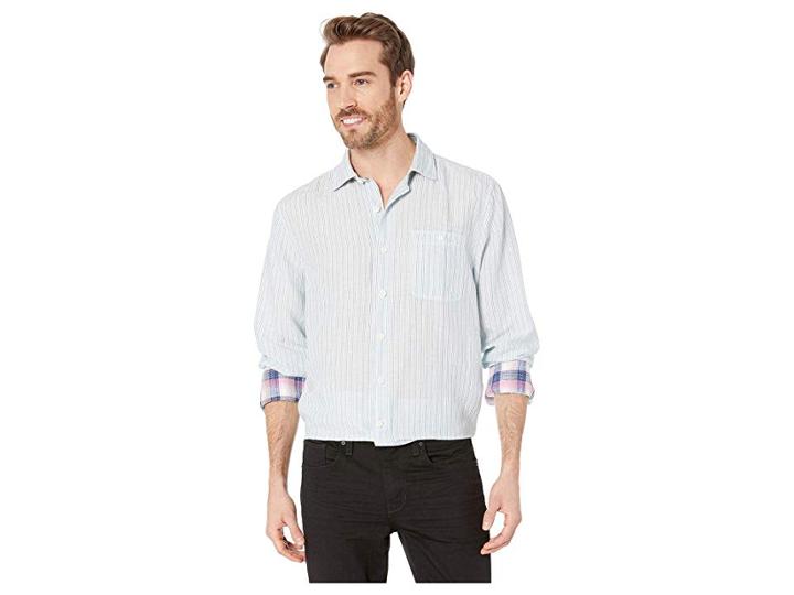 Tommy Bahama Long Sleeve Sand Linen Stripe Shirt (blue Swell) Men's Clothing