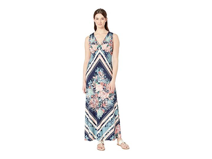 London Times V-neck Scarf Print Maxi Dress (navy/peach) Women's Dress