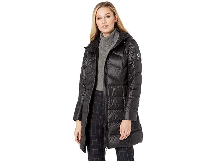 Lauren Ralph Lauren Combo Quilted 3/4 Soft Down Jacket W/ Hood (black) Women's Coat