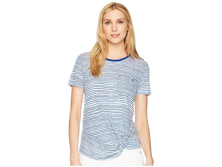 Lauren Ralph Lauren Twist Front Linen Blend T-shirt (soft White/mosaic Blue) Women's T Shirt