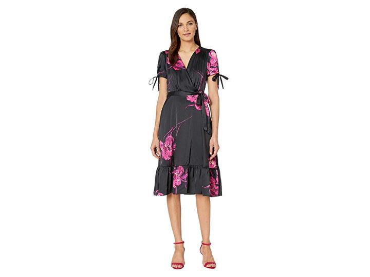 Betsey Johnson Floral Faux Wrap Dress (black/fuchsia) Women's Dress
