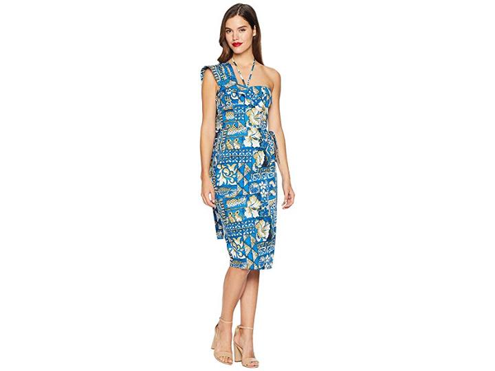 Unique Vintage Alfred Shaheen Blue Tapa Tapestry Print Hawaiian (blue Tapa Floral Print) Women's Dress