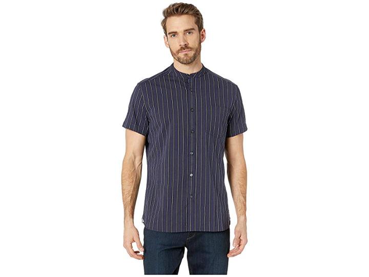 Kenneth Cole New York Bold Striped Short Sleeve Band Collar Button Down (blue Violet) Men's Clothing