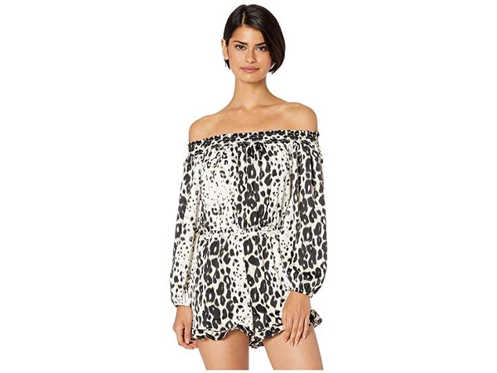 Bebe Off The Shoulder Ruffle Romper (mischievous Leopard) Women's Jumpsuit & Rompers One Piece