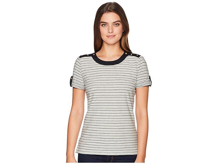 Lauren Ralph Lauren Striped Button-shoulder Top (parchment/polo Black) Women's Clothing