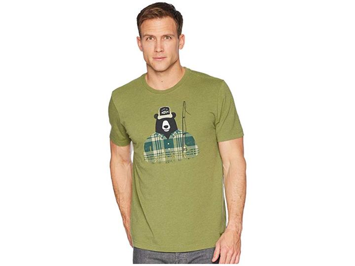 Life Is Good Fishing Bear Crusher Tee (heather Tree Green) Men's T Shirt