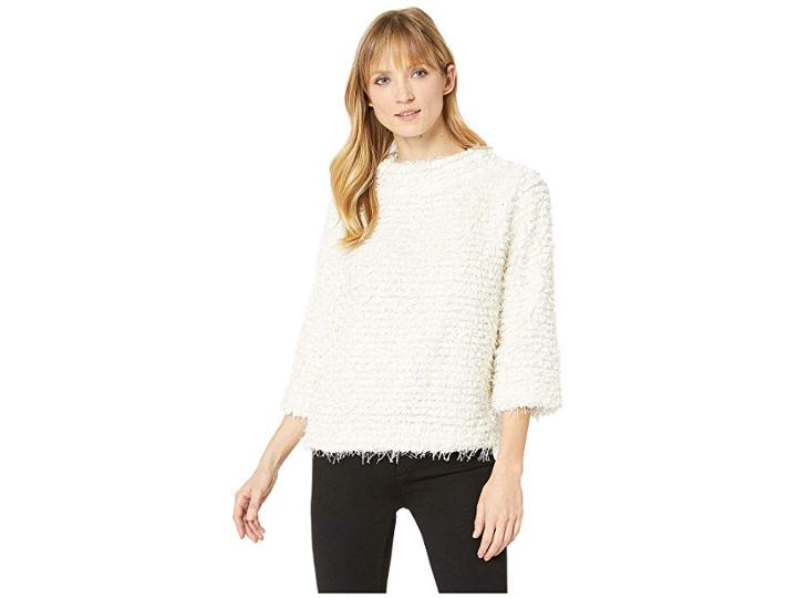 Vince Camuto Elbow Sleeve Stand Neck Popcorn Eyelash Knit Top (pearl Ivory) Women's Clothing
