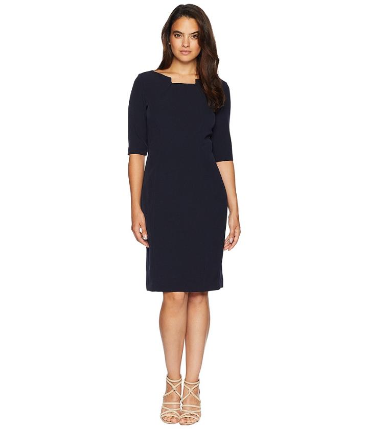 Tahari By Asl 3/4 Sleeve Pleat Neck Dress (navy) Women's Dress
