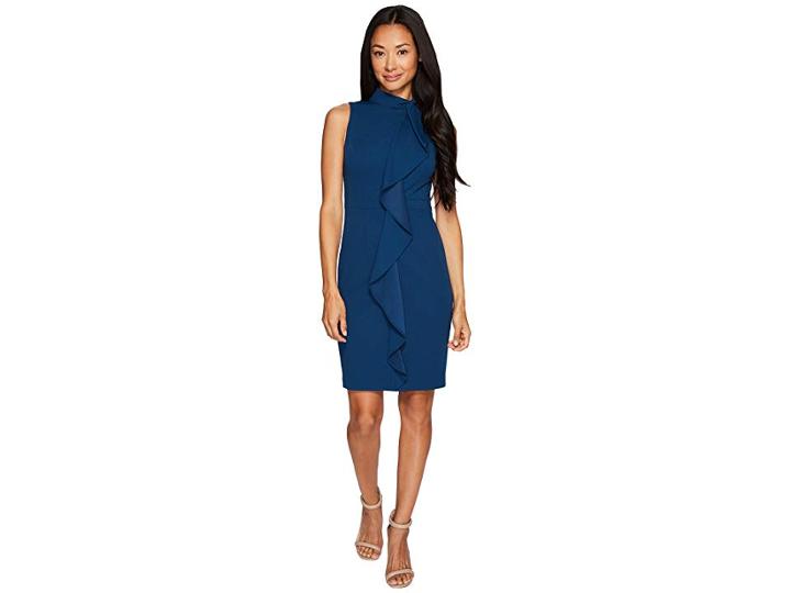 Adrianna Papell Petite Knit Crepe Mock Neck Sheath Dress (evening Sky) Women's Dress