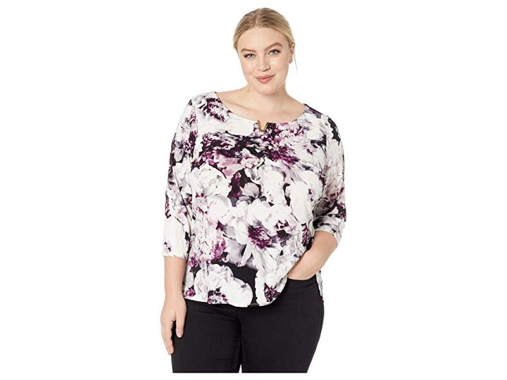 Calvin Klein Plus Plus Size High-low 3/4 Sleeve Top With U Hardware (aubergine/black) Women's Sleeveless