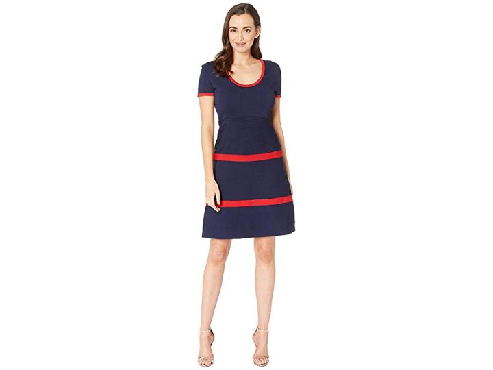 Anne Klein Color Block Fit Flare Sweater Dress (marine Blue/marine Red Combo/red) Women's Dress