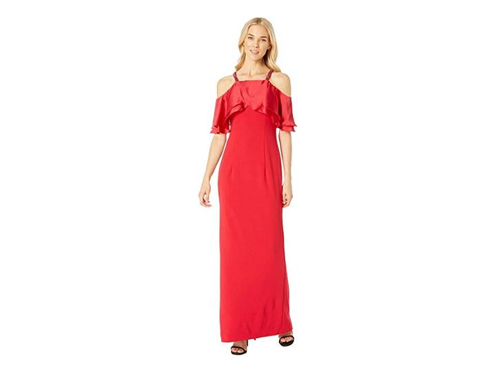 Adrianna Papell Long Crepe Dress Beaded Straps (red) Women's Dress