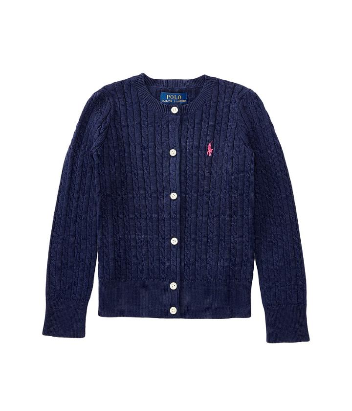 Polo Ralph Lauren Kids Cable Knit Cotton Cardigan (little Kids) (hunter Navy/french Pink Pony Player) Girl's Sweater