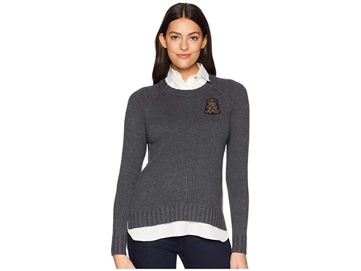 Lauren Ralph Lauren Bullion-patch Layered Shirt (shadow Grey Heather) Women's Clothing