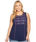 Lucky Brand Plus Size Geo Embroidered Tank Top (medieval Blue) Women's Sleeveless