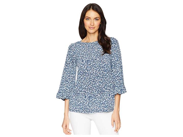 Michael Michael Kors Collage Floral Flare Sleeve Top (true Navy/light Chambray) Women's Clothing
