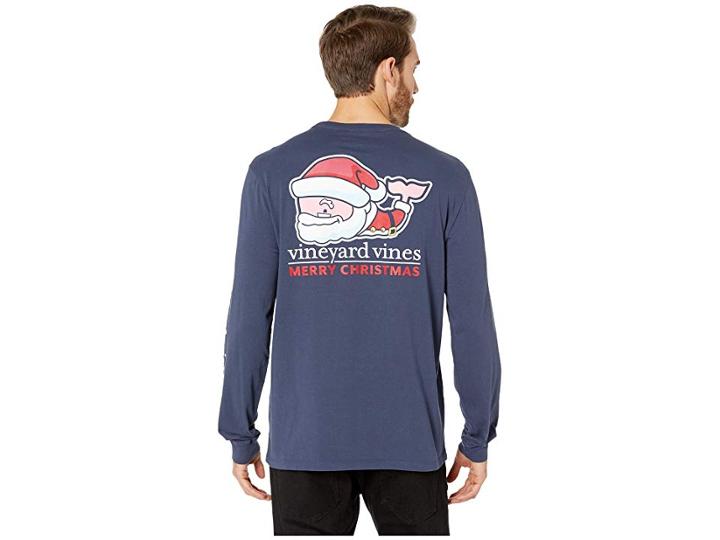 Vineyard Vines Long Sleeve Naughty Or Nice Santa Pocket Tee (blue Blazer) Men's Clothing