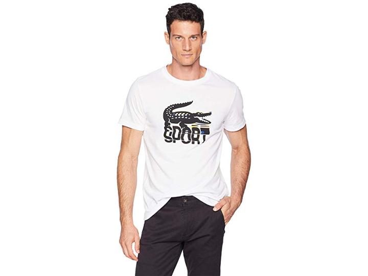 Lacoste Sport Short Sleeve Tech Jersey T-shirt W/ Large Croc Print (white/black/silver Chine) Men's T Shirt