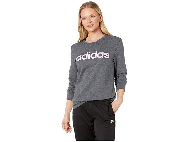 Adidas Essentials Linear Crew Neck (dark Grey Heather/true Pink) Women's Sweatshirt