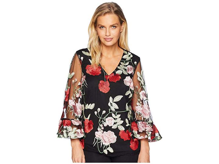 Eci 3/4 Sleeve Mock V-neck Top (black/blush) Women's Clothing