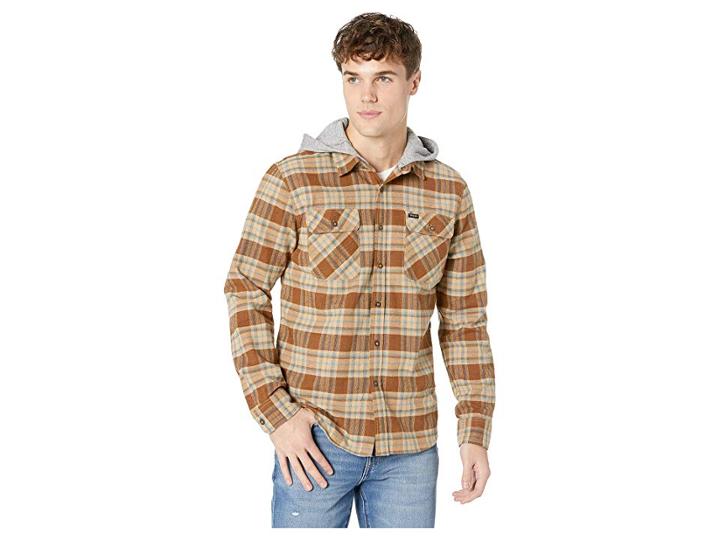 Brixton Bowery Hood Long Sleeve Flannel (copper/natural) Men's Long Sleeve Pullover