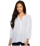 Two By Vince Camuto Cotton Tencel Drizzle Stripe Ruched Henley (ultra White) Women's Long Sleeve Pullover