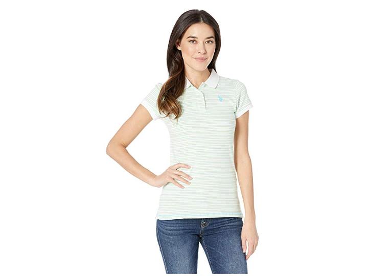 U.s. Polo Assn. Striped Jersey Polo (summer Green) Women's Short Sleeve Pullover