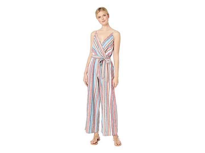 Eci Linen Striped Jumpsuit With Self Tie (turqouise/orange) Women's Jumpsuit & Rompers One Piece