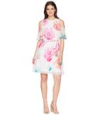 Calvin Klein Belted Floral Cold Shoulder Chiffon Cd8ha50k (white Multi) Women's Dress