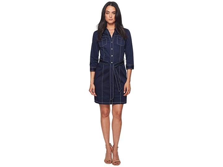 Badgley Mischka 3/4 Sleeve Shirtdress W/ Contrast Stitching (navy) Women's Dress