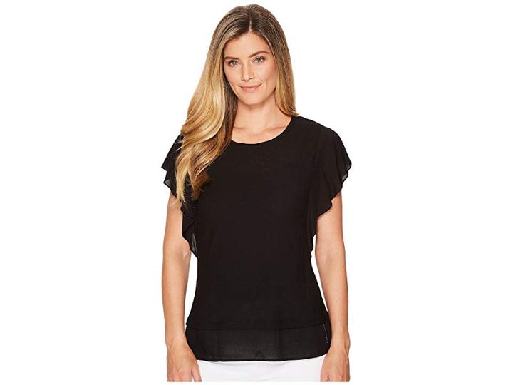Two By Vince Camuto Ruffle Sleeve Mixed Media Top (rich Black) Women's Clothing