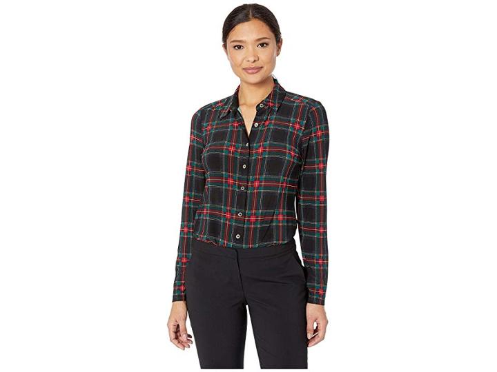 Tommy Hilfiger Long Sleeve Plaid Button Front Knit Top (black Multi) Women's Clothing