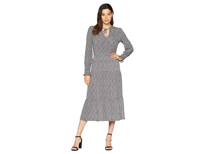 Michael Michael Kors Check Long Sleeve Tie Neck Dress (black/white) Women's Dress